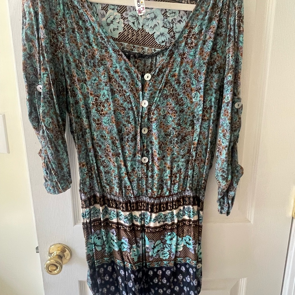 Mimi Chica Teal and Brown Floral Blouse